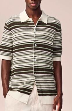 NN.07 Nolan Textured Knit Polo Organic Cotton Striped Green Short Sleeve S